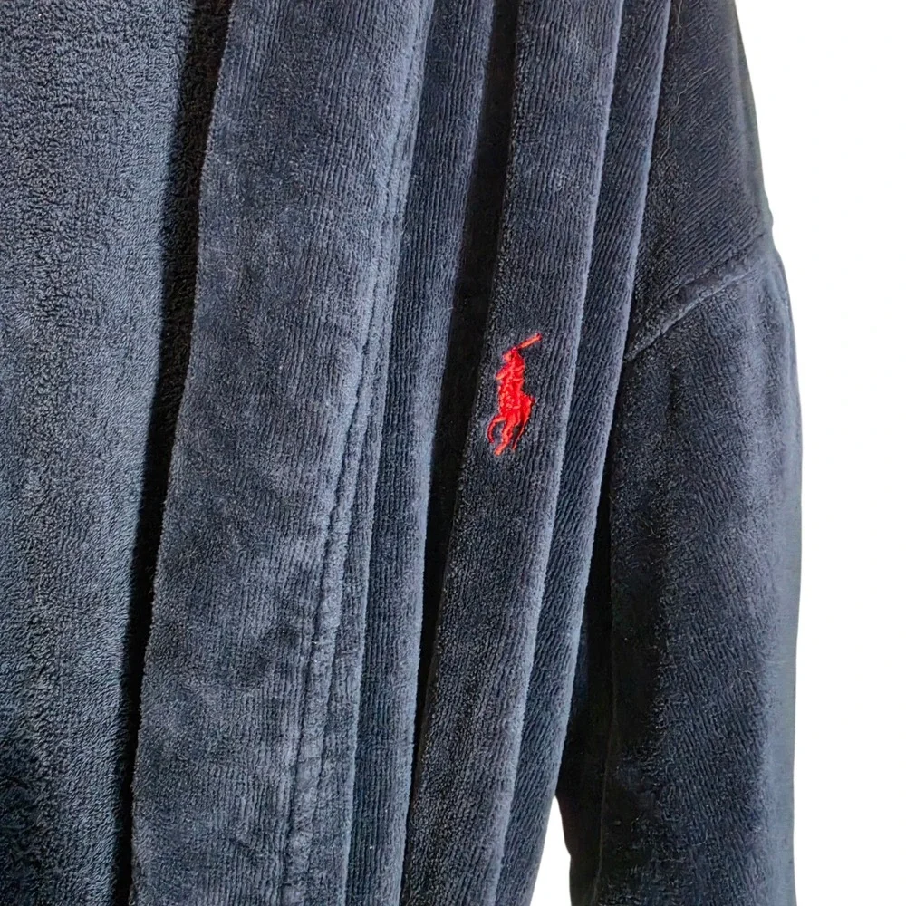 Polo Ralph Lauren Mens Medium Bathrobe Navy Blue Terry Cloth Cotton Pony Logo